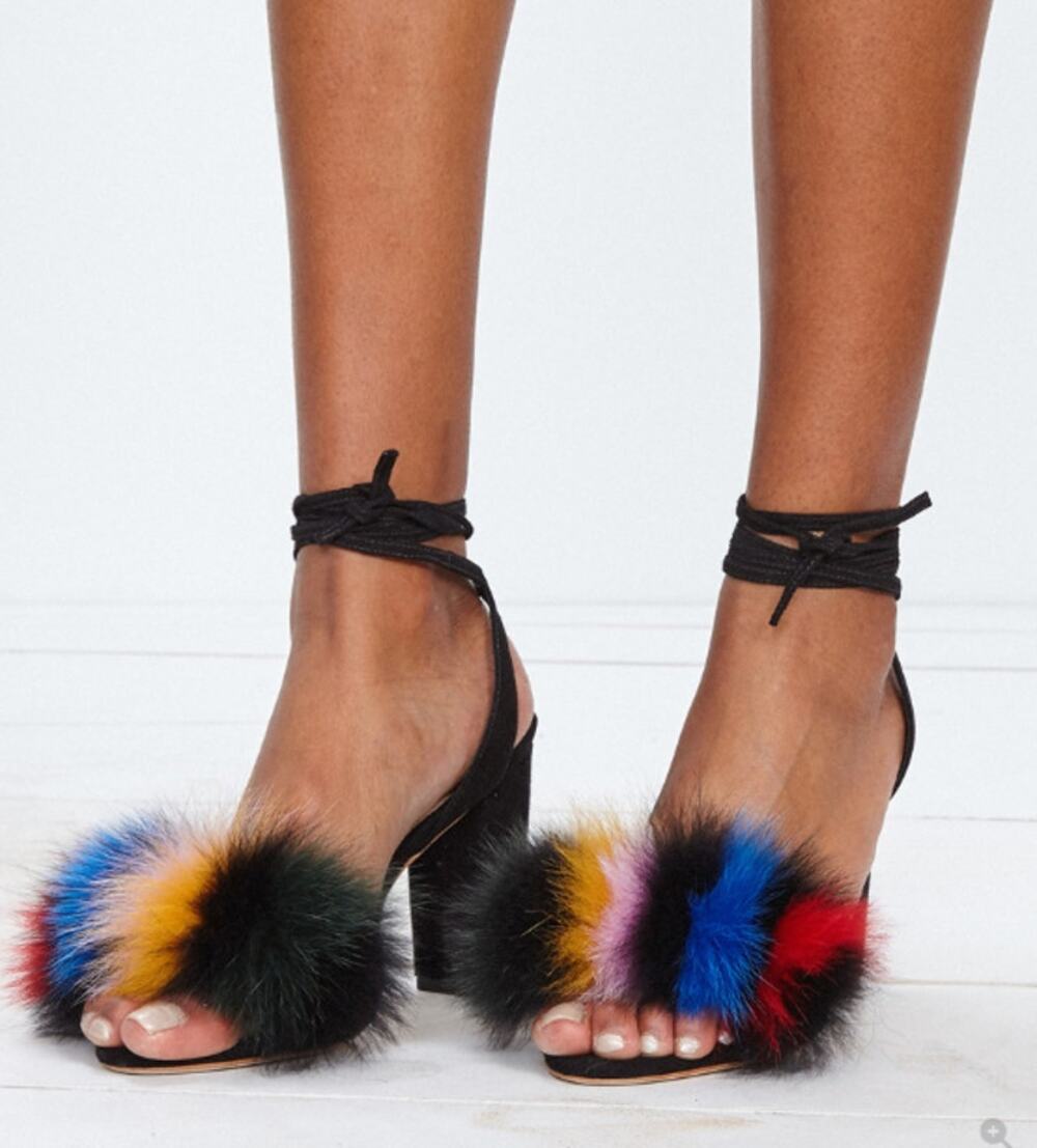 Loeffler Randall Heels 8 Nicolette Fox Fur Pom Pom Suede Lace Up Colorful Party
